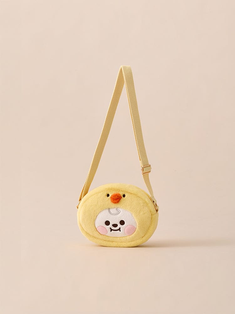 BT21 CHIMMY BABY CROSSBODY BAG FLUFFY, sac bandoulière bébé en peluche jaune avec CHIMMY, sur fond clair (LINE FRIENDS).