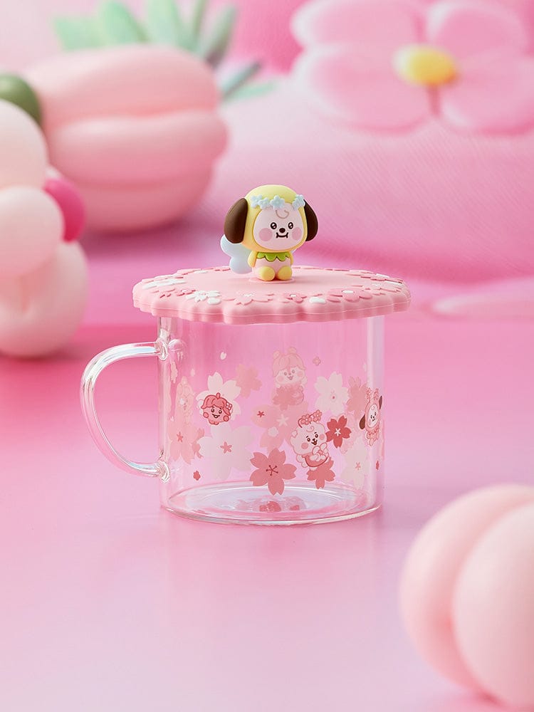 BT21 CHIMMY BABY GLASS UP & LID (11oz) SPRING FAIRY LINE FRIENDS, tasse en verre rose fleurs et couvercle kawaii.