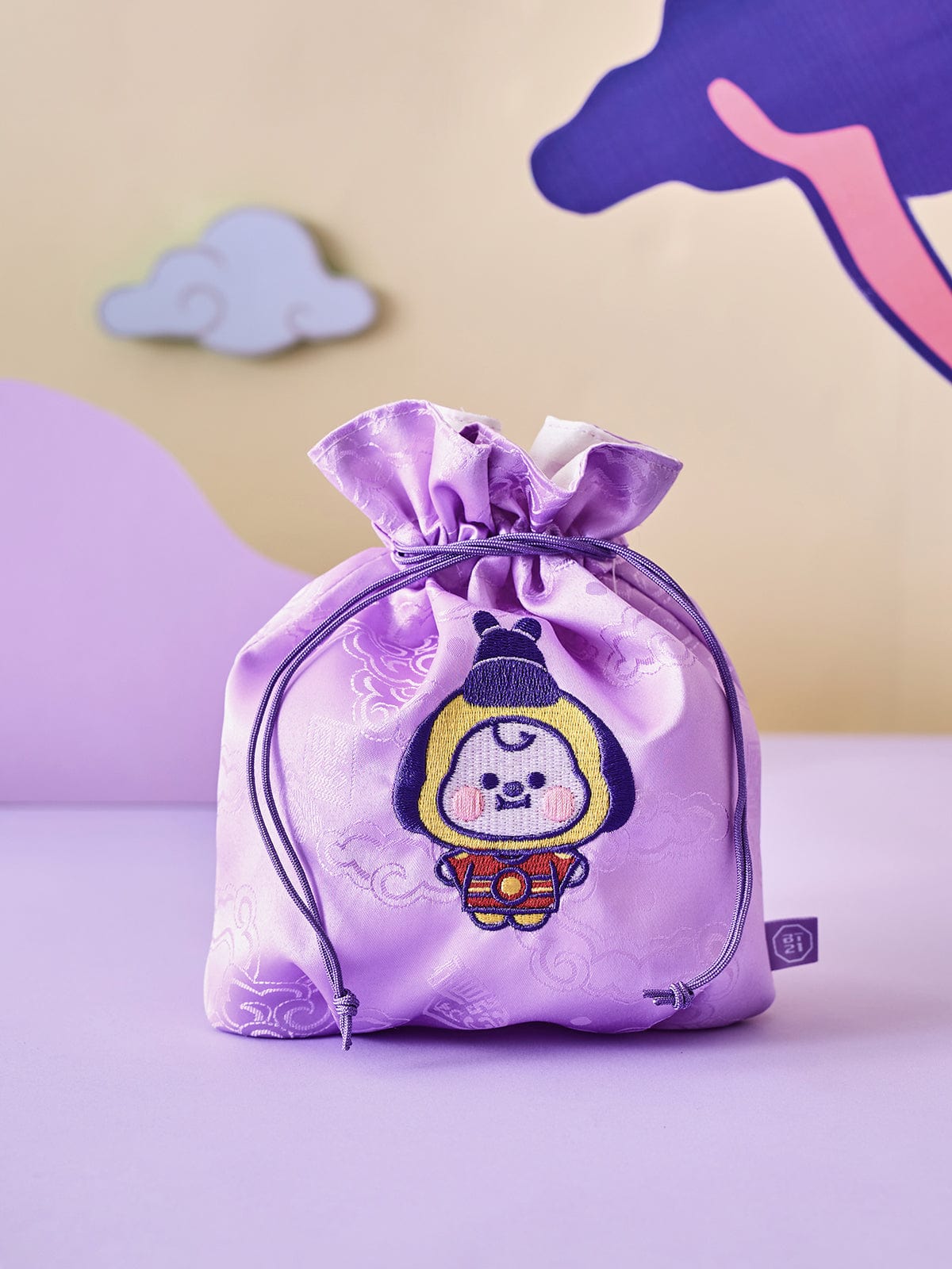 BT21 CHIMMY BABY GOOD LUCK POUCH K-EDITION ver.2, pochette bébé Chimi violette LINE FRIENDS, avec motif sur sac à cordon