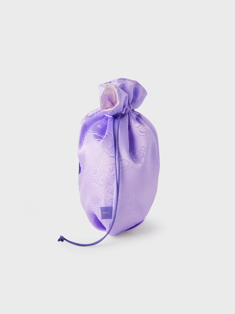 BT21 CHIMMY BABY GOOD LUCK POUCH K-EDITION ver.2, pochette lilas à cordon LINE FRIENDS avec Chimm y sur fond clair.