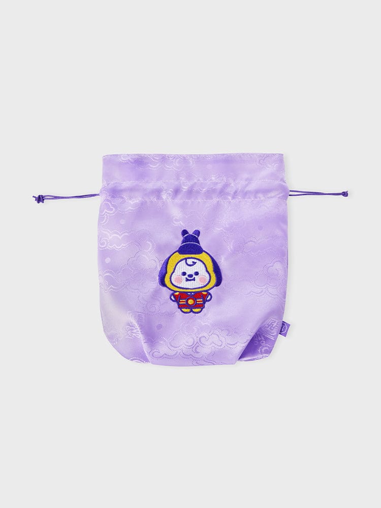BT21 CHIMMY BABY GOOD LUCK POUCH K-EDITION ver.2 pochette violette LINE FRIENDS avec Chimiy et nuages décoratifs.