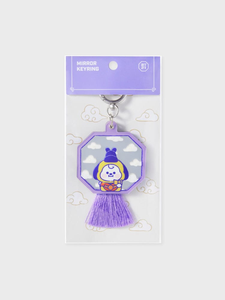 BT21 CHIMMY BABY MIRROR KEYRING K-EDITION ver.2 : porte-clés miroir officiel CHIMMY, accessoires K-pop sur blister violet.