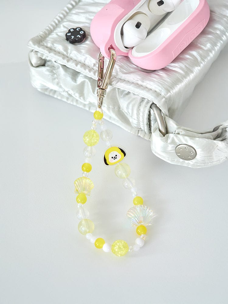 BT21 CHIMMY BABY PEARL BEADED KEYRING LINE FRIENDS, porte-clés perlé jaune sur tissu blanc, look K-pop pour clés