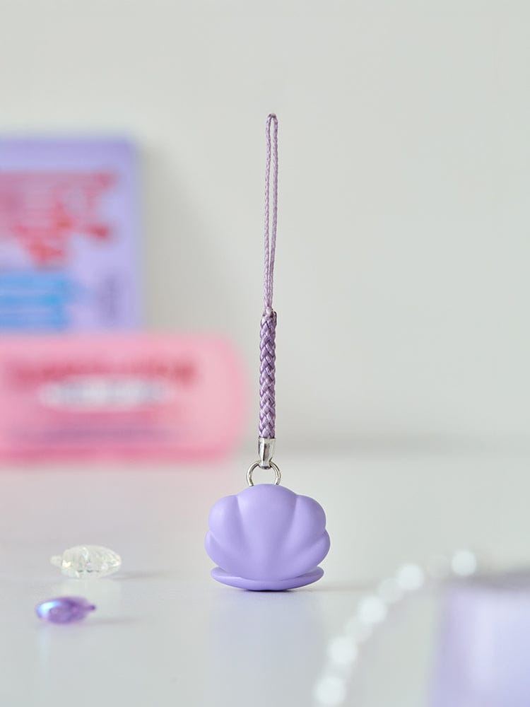 BT21 CHIMMY BABY PEARL FIGURINE STRAP : porte-clés figurine CHIMMY violet avec perles, fond clair, LINE FRIENDS officiel.
