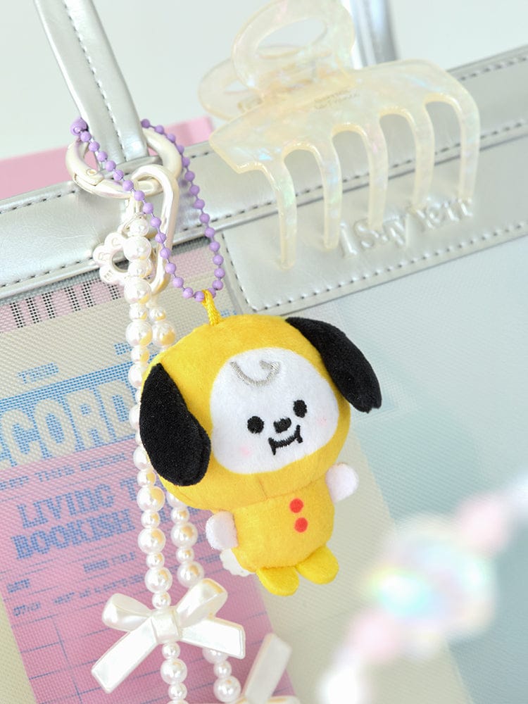 BT21 CHIMMY BABY PEARL PLUSH KEYRING officiel LINE FRIENDS : porte-clés en peluche CHIMMY sur sac, perles et breloques.