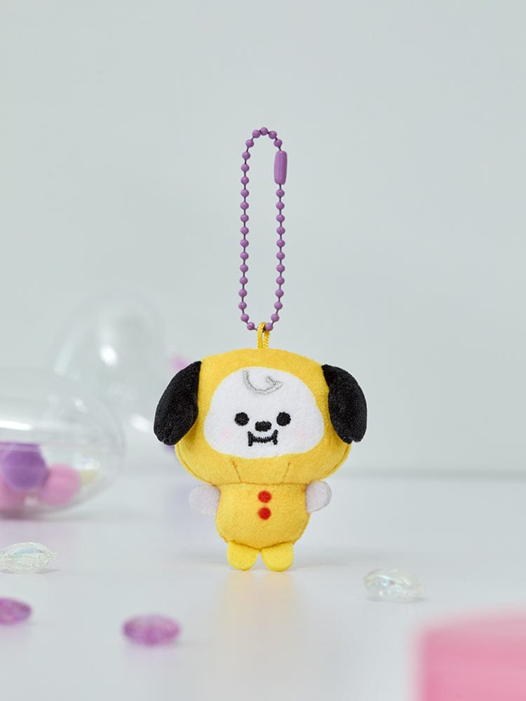 BT21 CHIMMY BABY PEARL PLUSH KEYRING officiel LINE FRIENDS : porte-clés peluche CHIMMY perles violettes, fond pastel