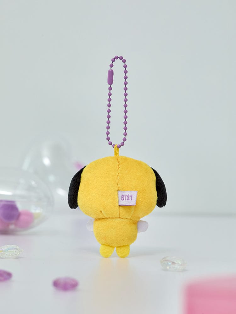 BT21 CHIMMY BABY PEARL PLUSH KEYRING : porte-clés peluche CHIMMY jaune avec perles violettes, fond clair LINE FRIENDS.