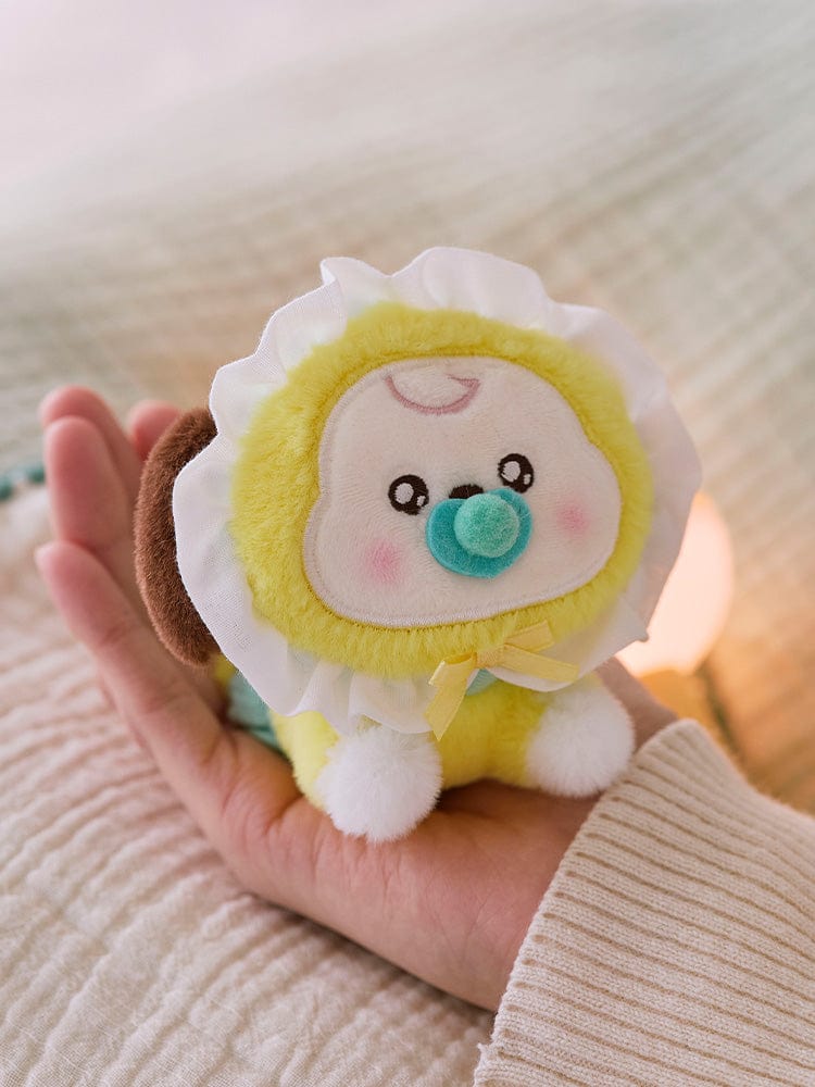 BT21 CHIMMY BABY PLUSH NEWBORN SEASON 2, peluche officielle Jimin BTS, chiot mignon avec fleur sur lit, main