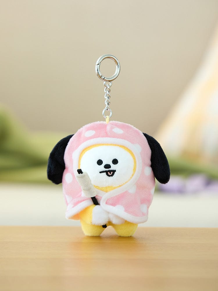 BT21 CHIMMY DOLL KEYRING CAMPFIRE, porte-clés officiel LINE FRIENDS : mini figurine CHIMMY sur table, décor campfire