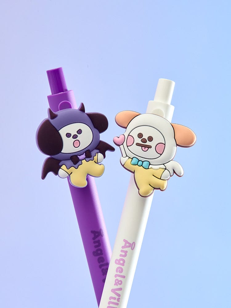BT21 CHIMMY GEL PEN SET (2PCS) ANGEL & VILLAIN, stylos officiels LINE FRIENDS, CHIMMY violet et blanc sur fond bleu clair