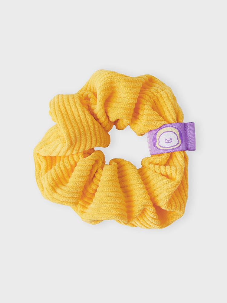 BT21 CHIMMY HAIR SCRUNCHIE NEW BASIC EDITION, chouchou cheveux jaune avec étiquette CHIMMY LINE FRIENDS sur fond clair