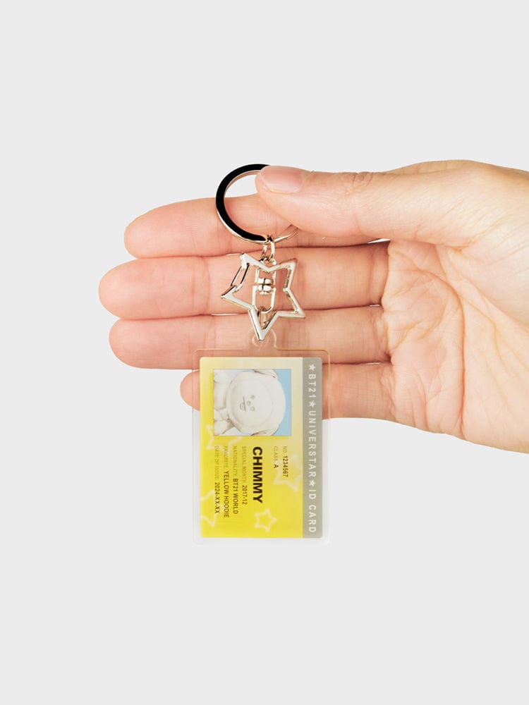 BT21 CHIMMY ID CARD ACRYLIC KEYRING SILVER EDITION : porte-clés acrylique officiel LINE FRIENDS avec CHIMMY, main tenant