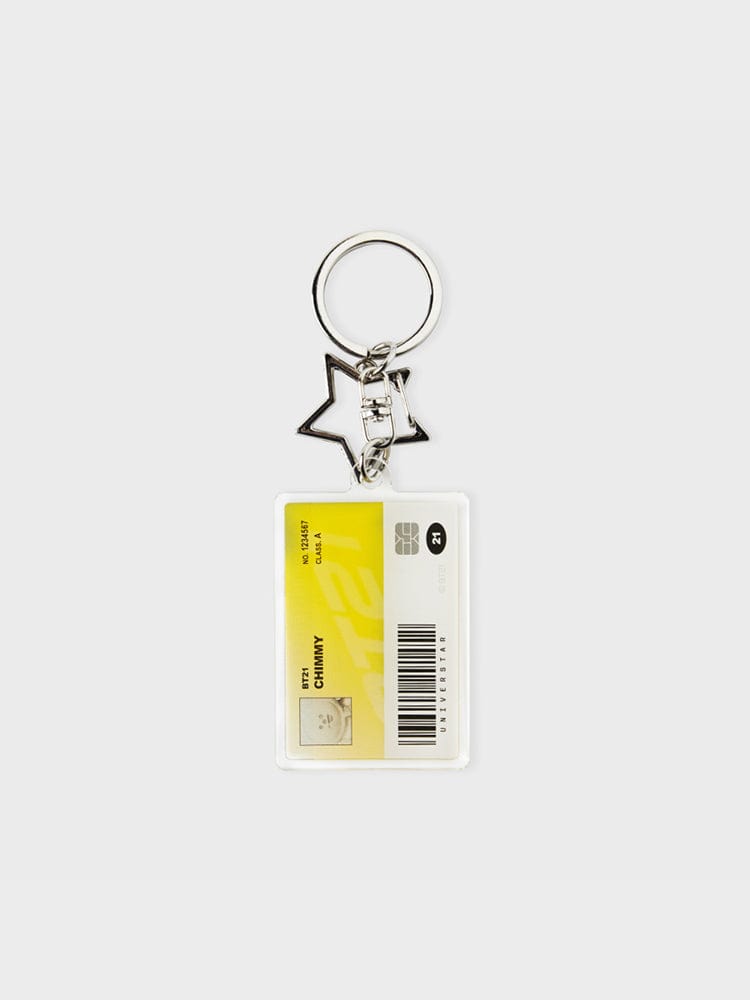 BT21 CHIMMY ID CARD ACRYLIC KEYRING SILVER EDITION : porte-clés acrylique Chimi avec anneau argenté sur fond clair LINE FRIENDS