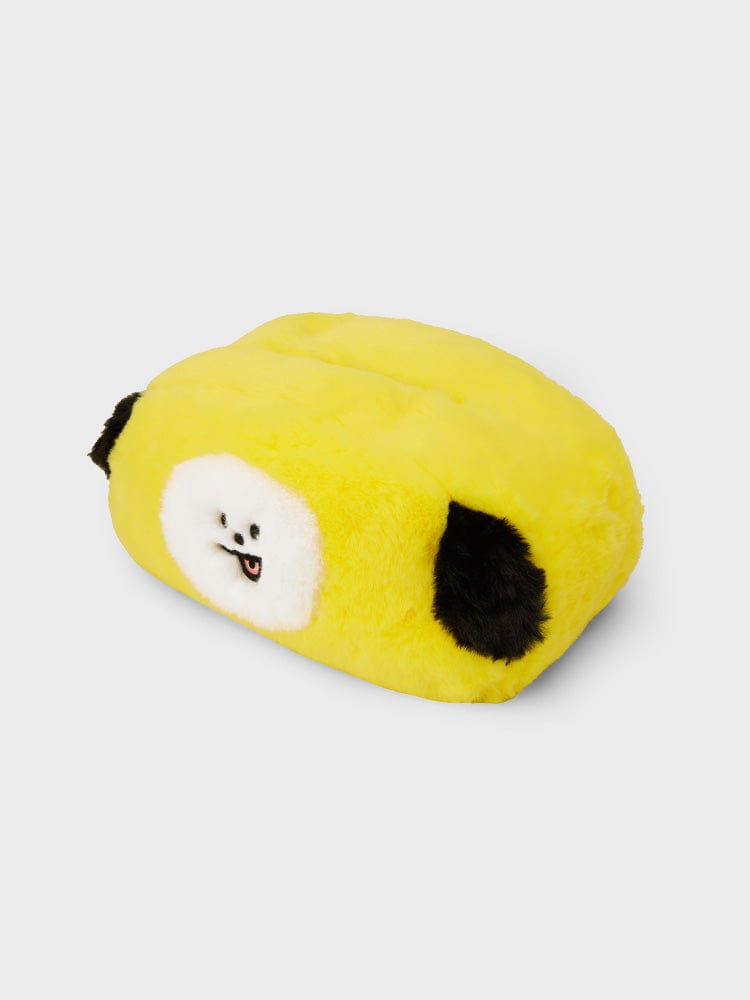 BT21 CHIMMY PLUSH TISSUE HOLDER COZY HOME LINE FRIENDS : peluche jaune CHIMMY chien, porte-mouchoirs, fond clair