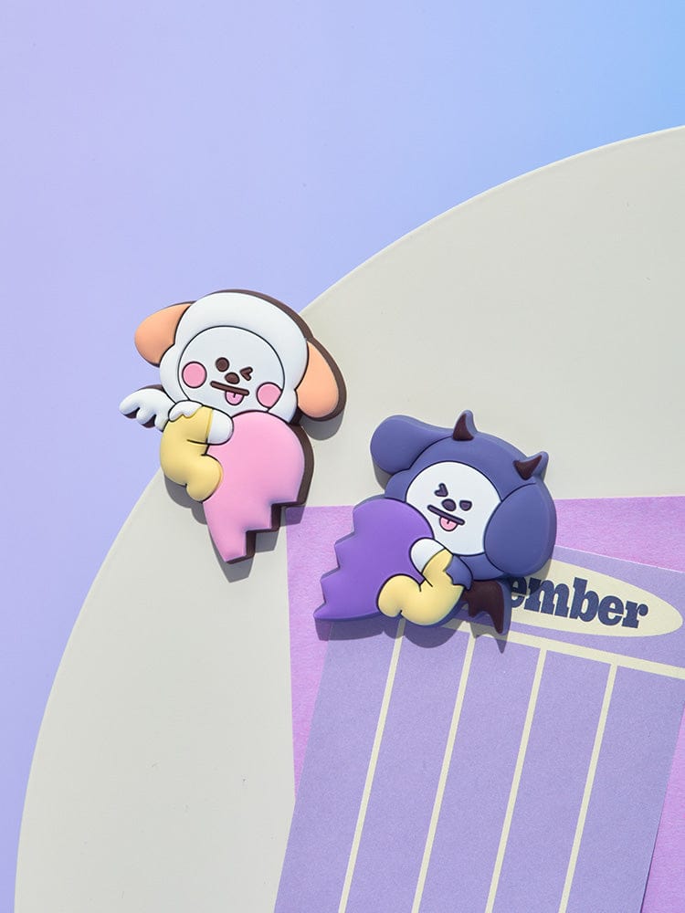 BT21 CHIMMY SILICONE MAGNET SET (2PCS) ANGEL & VILLAIN : magnets CHIMMY en silicone sur papeterie LINE FRIENDS, décor bureau.