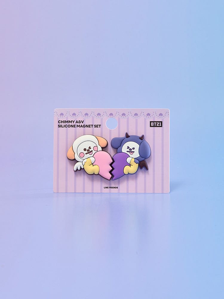 BT21 CHIMMY SILICONE MAGNET SET (2PCS) ANGEL & VILLAIN : set de 2 magnets Chimy Jimin, sur emballage, style papeterie LINE FRIENDS.