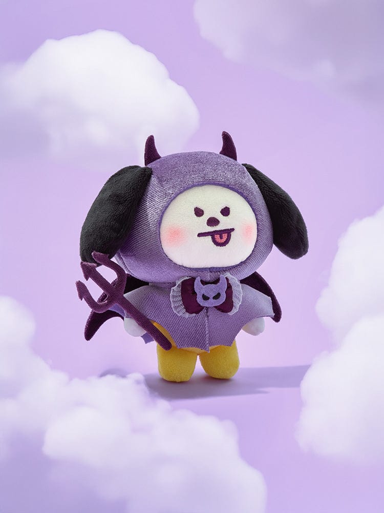 BT21 CHIMMY VILLAIN PLUSH ANGEL & VILLAIN, peluche officielle LINE FRIENDS sur nuages violets, décor chambre.