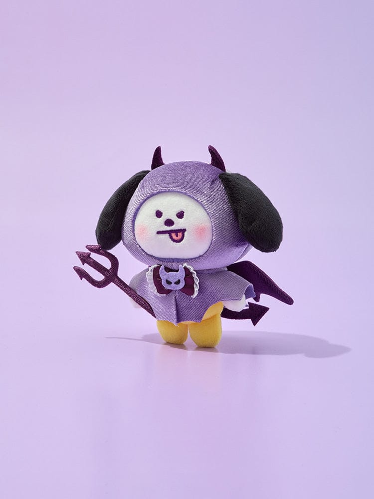 BT21 CHIMMY VILLAIN PLUSH ANGEL & VILLAIN, peluche officielle LINE FRIENDS de Chimi, décor violet sur fond clair.