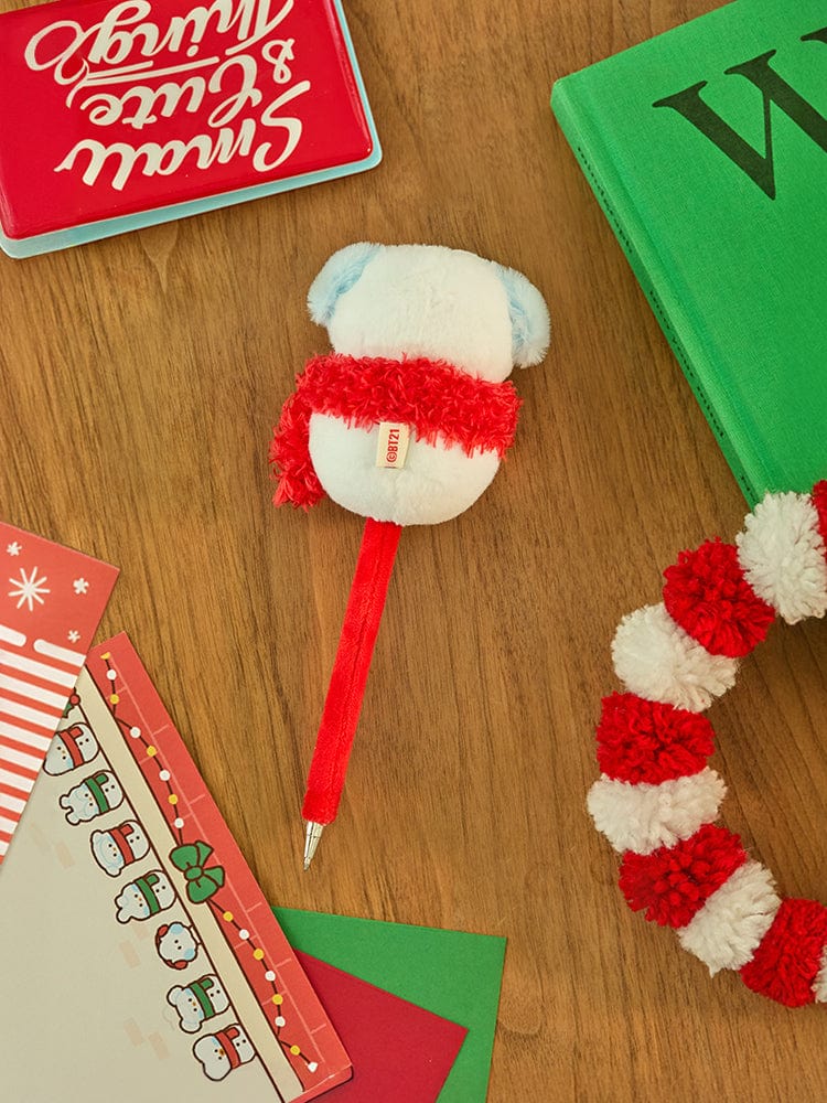 BT21 CHIMMY mini minini SNOWMAN PLUSH GEL PEN PETITE HOLIDAY : stylo peluche sur table bois, cartes et décorations de Noël