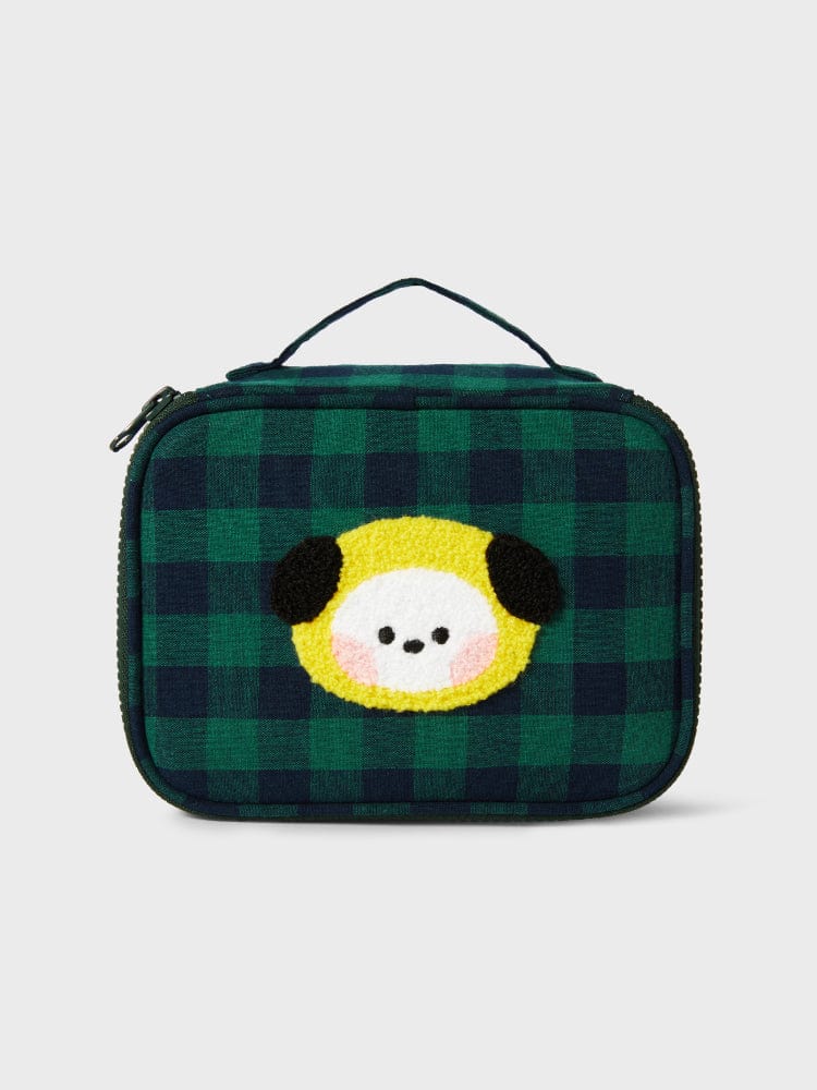 BT21 CHIMMY minini CHECKERED POUCH BASIC, pochette quadrillée verte avec CHIMMY, motif chiot Jimin, fond clair