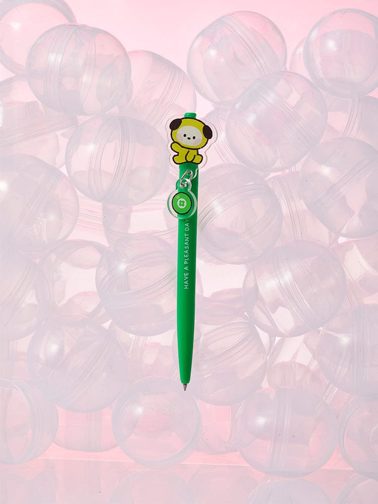 BT21 CHIMMY minini GEL PEN LUCKY GATCHA : stylo gel vert CHIMMY sur fond rose, collection minini LINE FRIENDS.