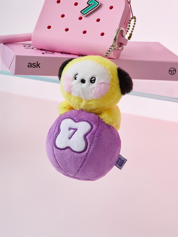BT21 CHIMMY minini PLUSH KEYRING LUCKY GATCHA, porte-clés peluche CHIMMY jaune violet sur fond rose, style Lucky Gatcha