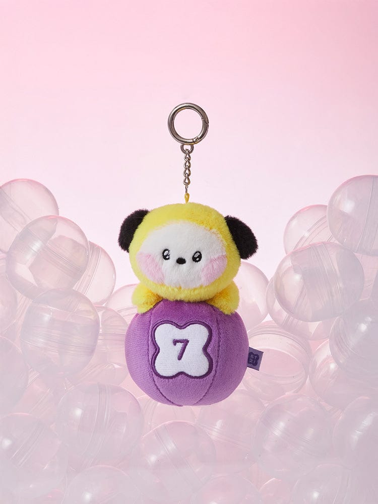 BT21 CHIMMY minini PLUSH KEYRING LUCKY GATCHA, porte-clés plush CHIMMY sur fond rose avec boules transparentes