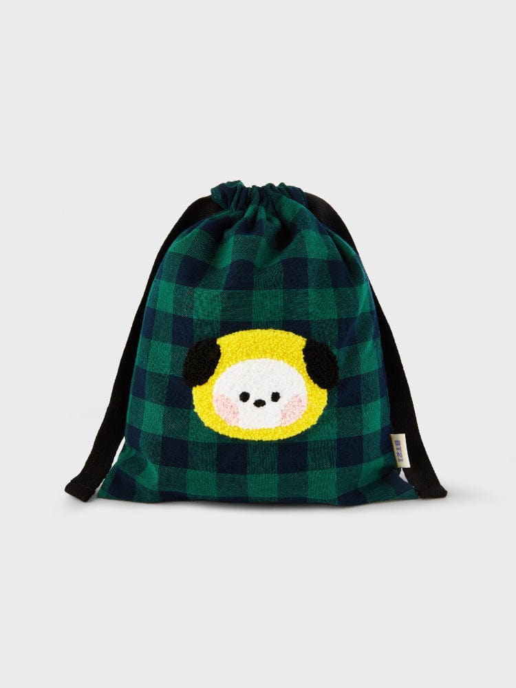BT21 CHIMMY minini STRING POUCH BASIC : pochette à cordon verte à carreaux avec Chimm y sur fond blanc, LINE FRIENDS.