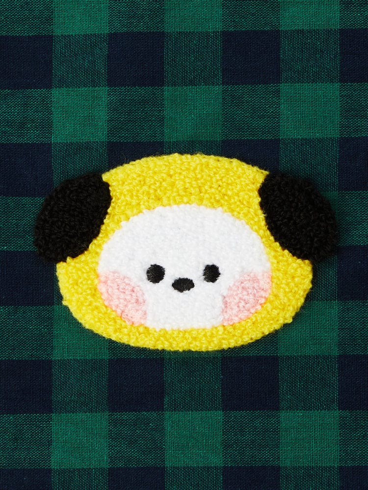 BT21 CHIMMY minini STRING POUCH BASIC, pochette officielle LINE FRIENDS avec visage de CHIMMY sur fond carreaux vert et bleu
