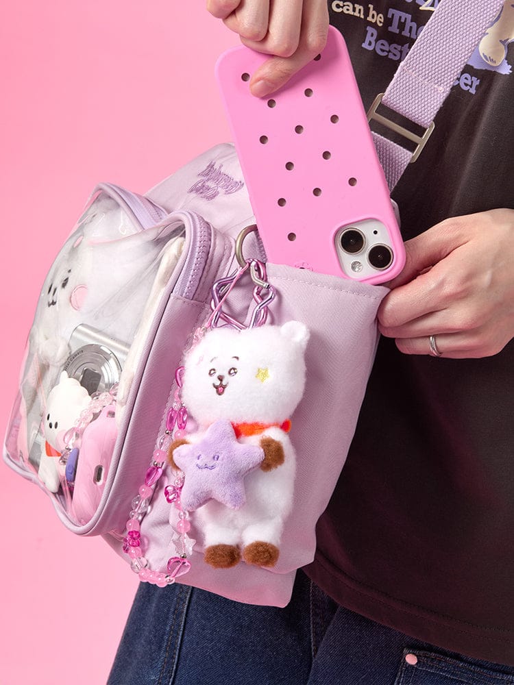 BT21 CLEAR POCKET MULTI CROSSBODY BAG THE JOURNEY : mini sac bandoulière clair rose avec poche et porte-clés, style BTS/LINE FRIENDS.