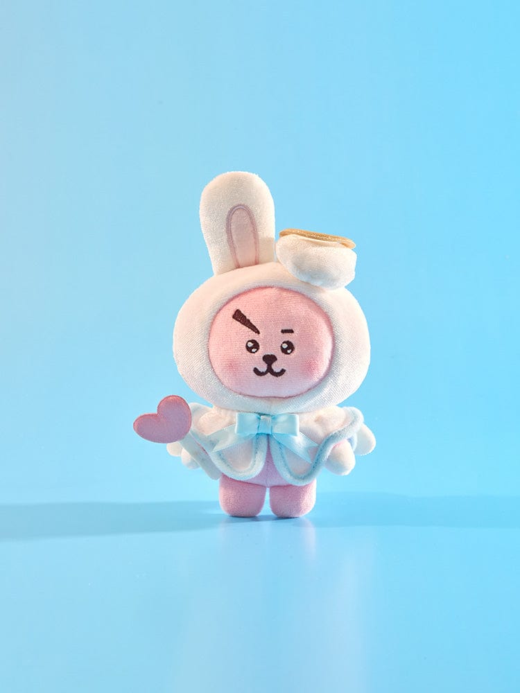 BT21 COOKY ANGEL PLUSH ANGEL & VILLAIN, peluche officielle LINE FRIENDS, lapin en ange sur fond bleu clair.