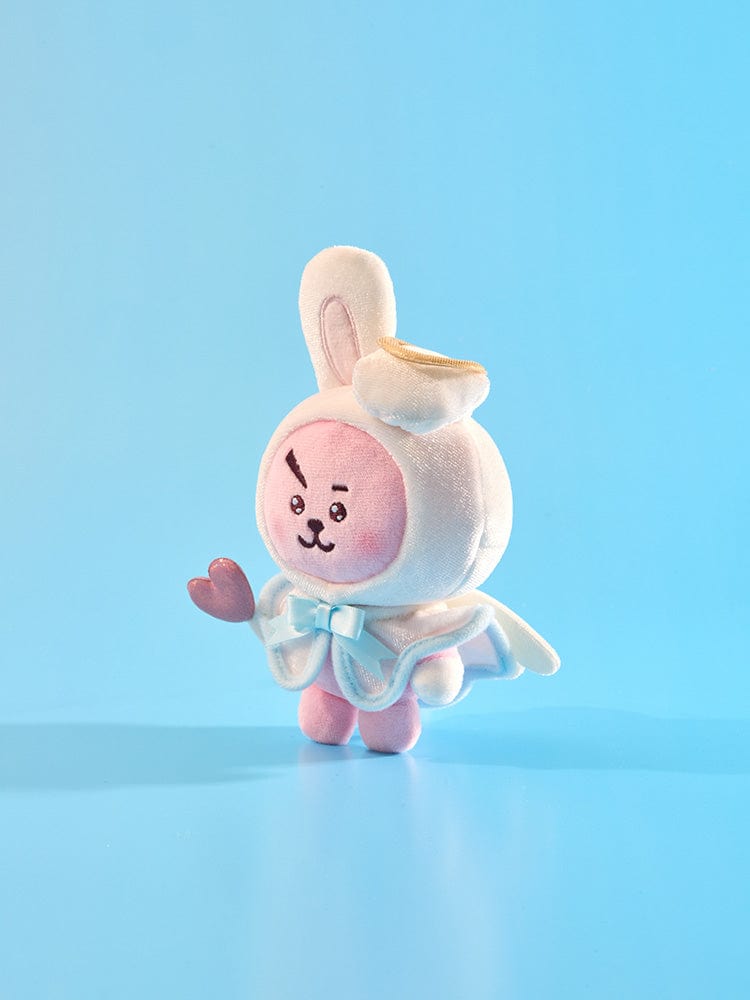 BT21 COOKY ANGEL PLUSH ANGEL & VILLAIN, peluche officielle LINE FRIENDS, COOKY en ange sur fond bleu ciel