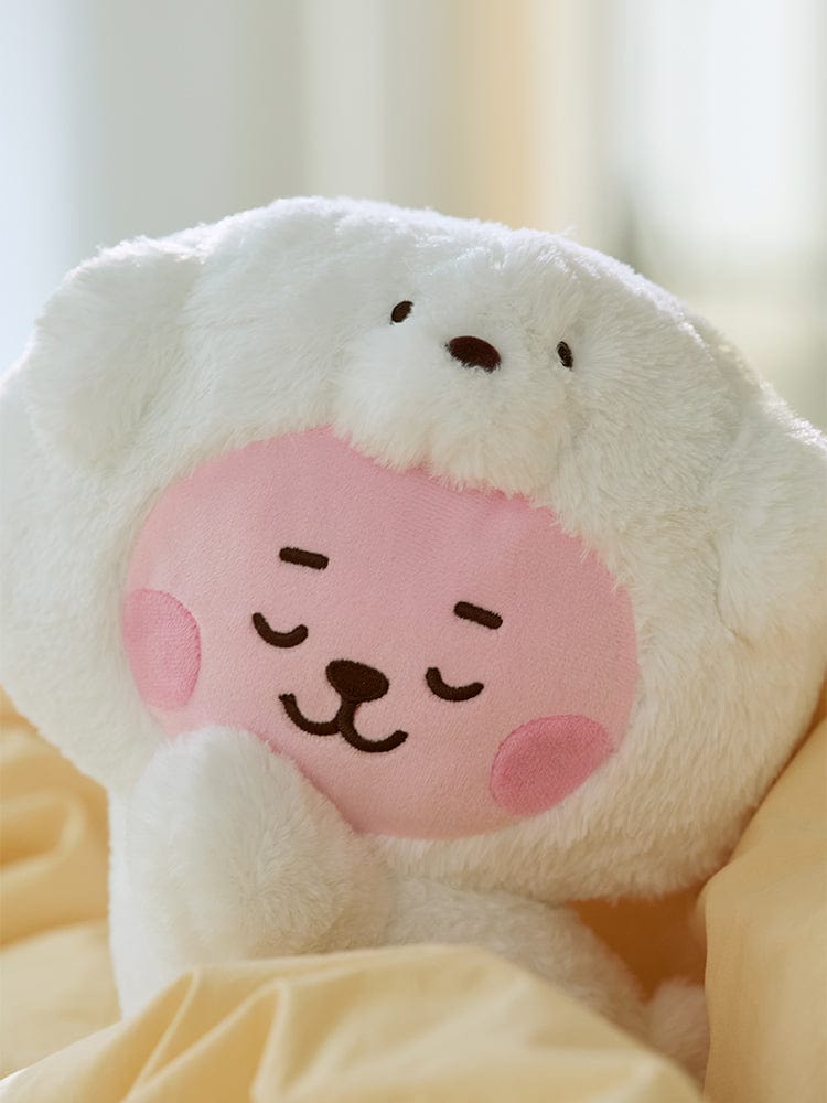 BT21 COOKY BABY LYING DOLL FLUFFY, peluche officielle LINE FRIENDS, bébé lapin mignon allongé, décor de chambre, sur lit