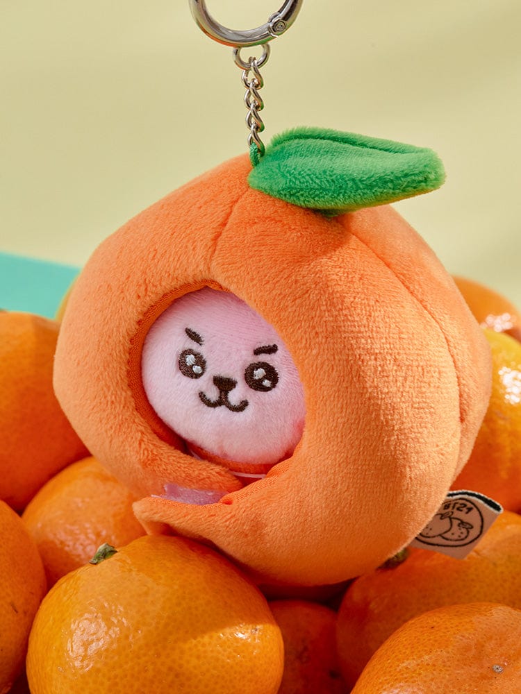 BT21 COOKY BABY PLUSH KEYRING ORANGE PARTY, porte-clés LINE FRIENDS en peluche orange avec COOKY souriant, fond coloré.