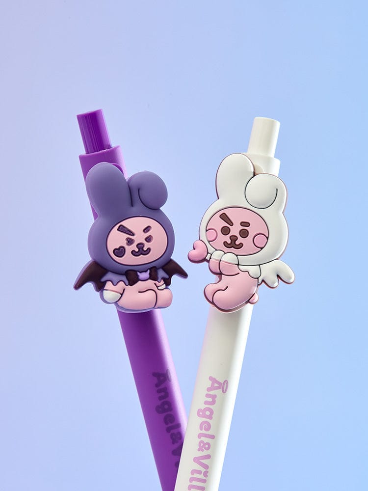 BT21 COOKY GEL PEN SET (2PCS) ANGEL & VILLAIN, stylos gel officiels LINE FRIENDS, COOKY violet et blanc sur fond bleu