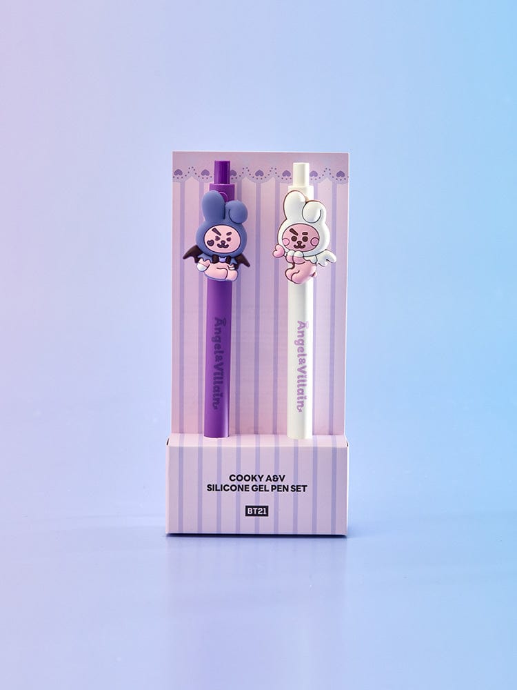 BT21 COOKY GEL PEN SET (2PCS) ANGEL & VILLAIN : set de 2 stylos gel BT21 LINE FRIENDS sur fond bleu