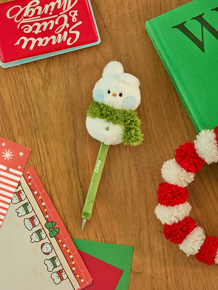 BT21 COOKY mini minini SNOWMAN PLUSH GEL PEN PETITE HOLIDAY : peluche lapin COOKY sur stylo, table festive décorations