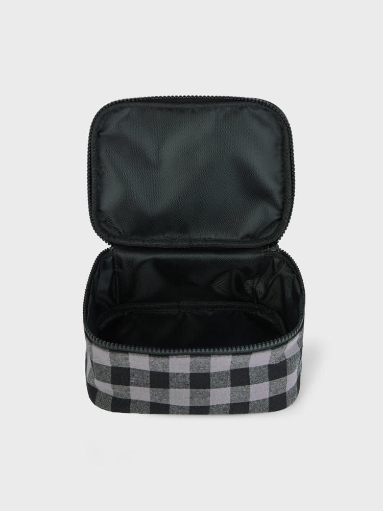 BT21 COOKY minini CHECKERED POUCH BASIC pochette noire à carreaux grise, design COOKY lapin, LINE FRIENDS, vue ouverte