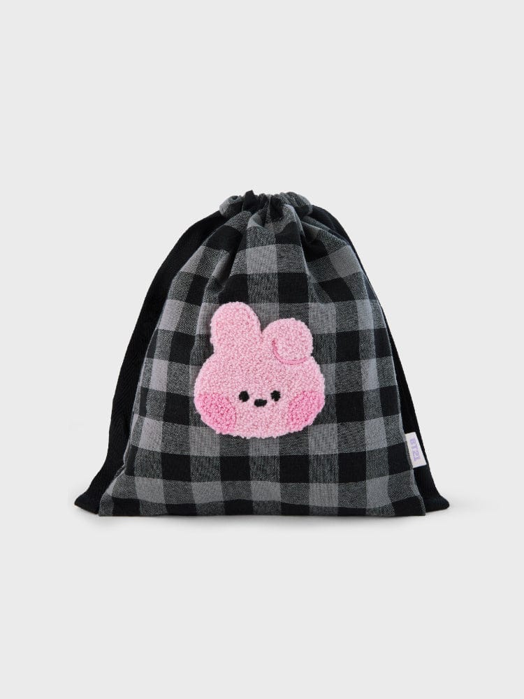 BT21 COOKY minini STRING POUCH BASIC : pochette cordon noire à carreaux, motif COOKY rose, LINE FRIENDS, style minini.