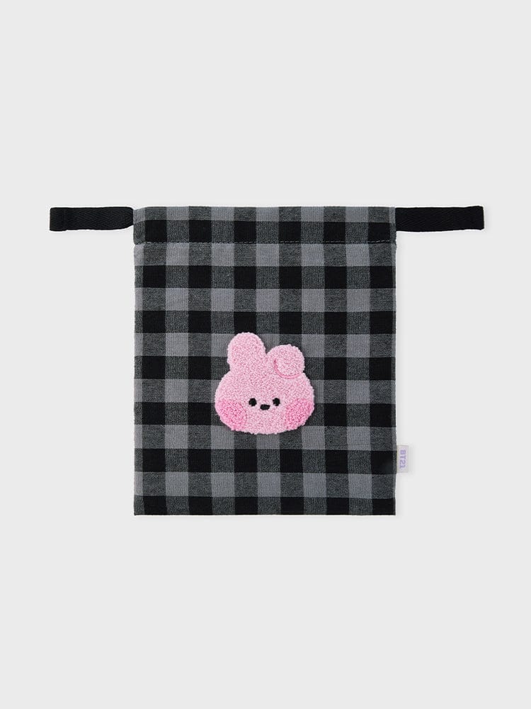 BT21 COOKY minini STRING POUCH BASIC de LINE FRIENDS : pochette à carreaux noirs, petit COOKY rose, style minini.