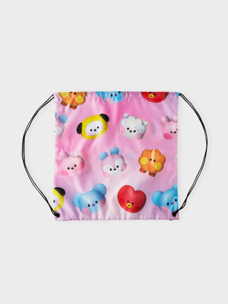 BT21  DRAWSTRING BACKPACK BIG & TINY EDITION : sac à dos à cordon rose LINE FRIENDS, imprimé personnages BT21, vue de face
