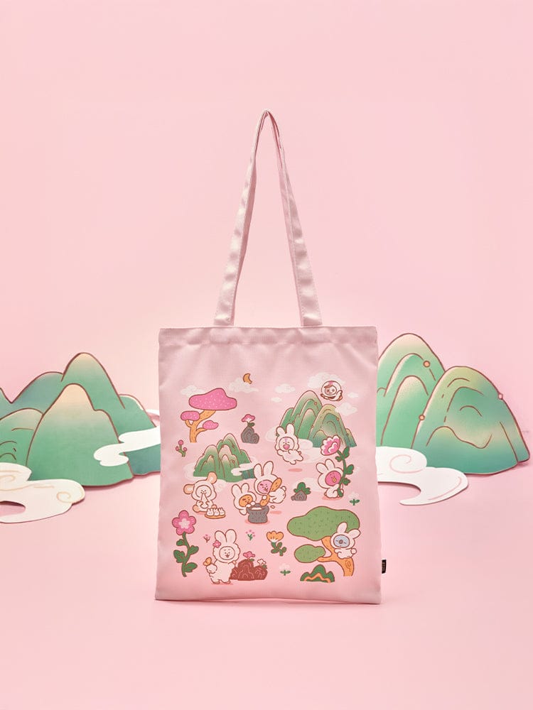 BT21 ECO BAG K-TOKKI, sac tote rose LINE FRIENDS avec K-Tokki, décor floral, sur fond rose pastel