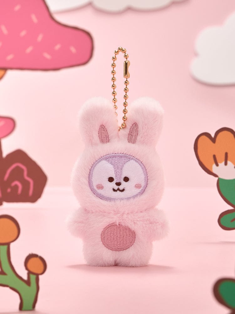 BT21 FLAT PLUSH KEYRING K-TOKKI : porte-clés peluche rose sur fond illustré LINE FRIENDS, décor K-pop officiel BTS