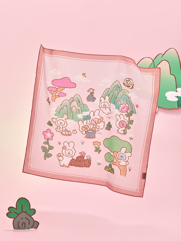BT21 HANDKERCHIEF K-TOKKI, mouchoir beauté kawaii LINE FRIENDS avec motifs K-Tokki et fleurs sur fond rose