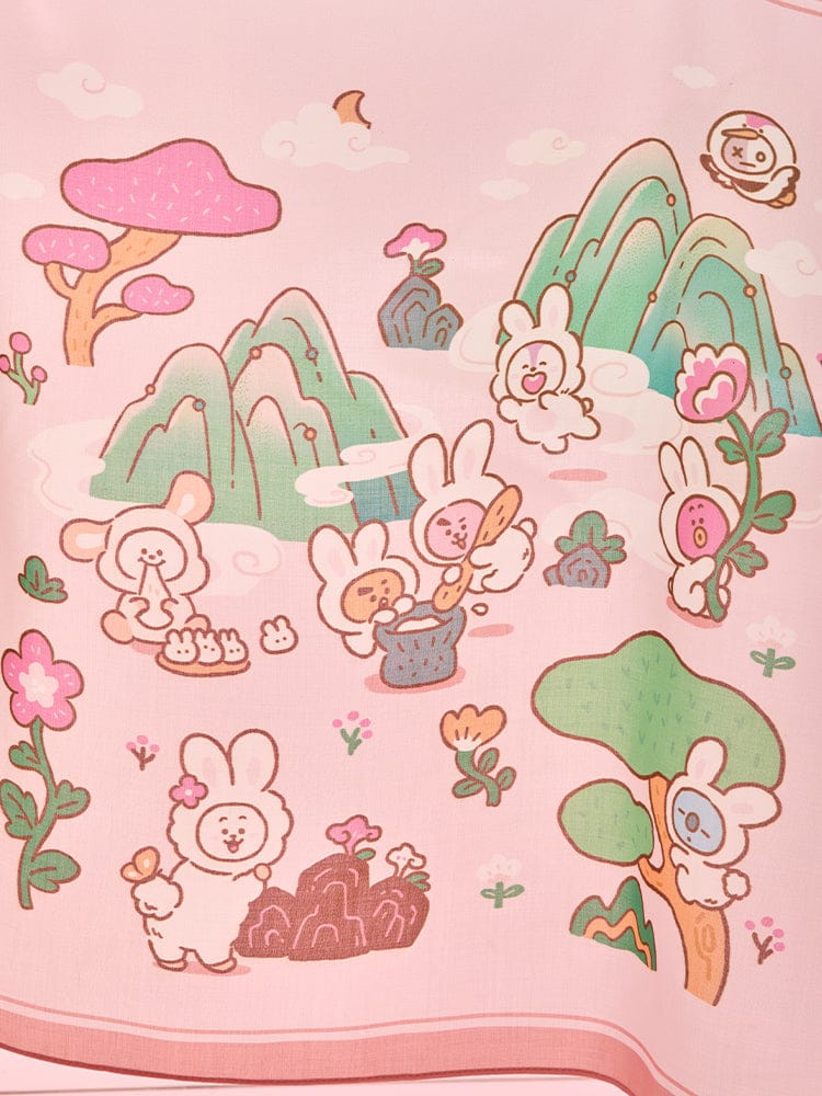 BT21 HANDKERCHIEF K-TOKKI LINE FRIENDS : grand mouchoir rose kawaii avec personnages K-Tokki et motifs champignons