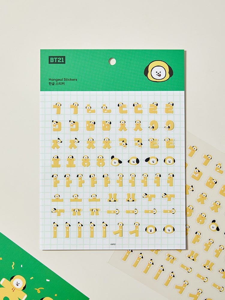 BT21 HANGEUL STICKER SOUVENIR LINE FRIENDS : planche de stickers Hangeul vert avec personnages BT21 pour école ou bureau