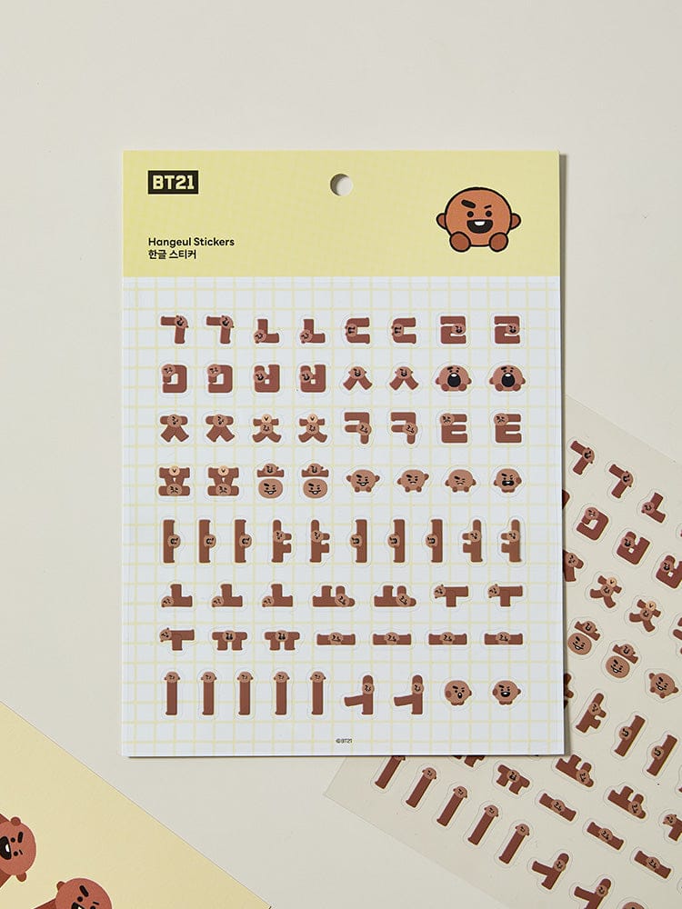 BT21 HANGEUL STICKER SOUVENIR LINE FRIENDS : planche de stickers Hangeul BT21 sur fond beige, papeterie officielle