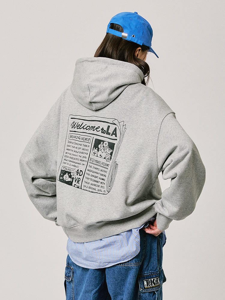 BT21 HOODED SWEATSHIRT 2024 F/W CITY EDITION (LA GRAY) LINE FRIENDS : sweat gris à capuche, personnage BT21 sur dos
