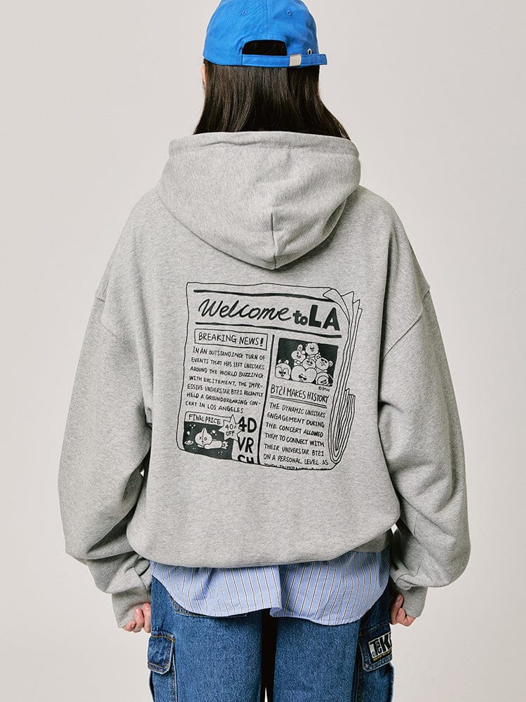 BT21 HOODED SWEATSHIRT 2024 F/W CITY EDITION (LA GRAY) vue dos, sweatshirt gris officiel LINE FRIENDS, style K-pop