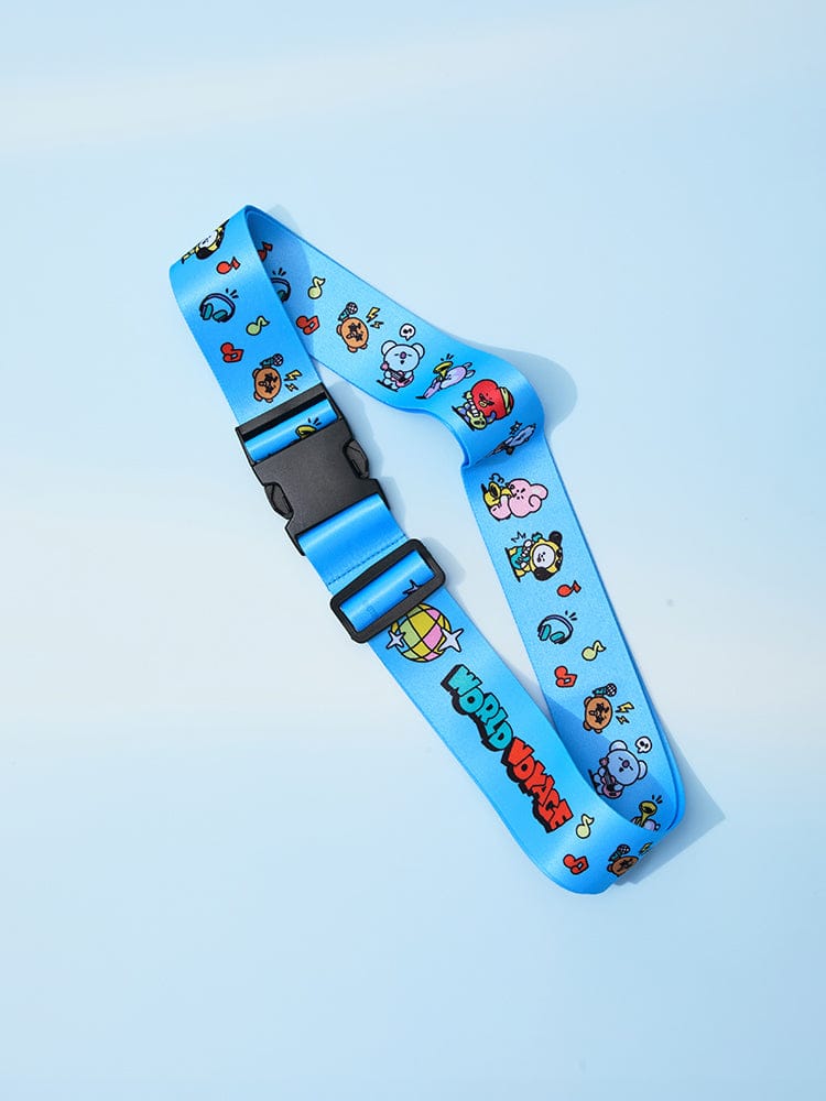 BT21 LUGGAGE BELT WORLD VOYAGE, sangle de valise officielle LINE FRIENDS bleue avec personnages BT21 sur fond clair